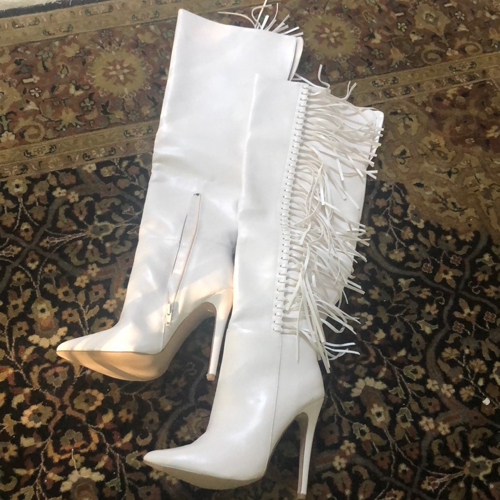 White Cream Knee High Fringe Stiletto Boots